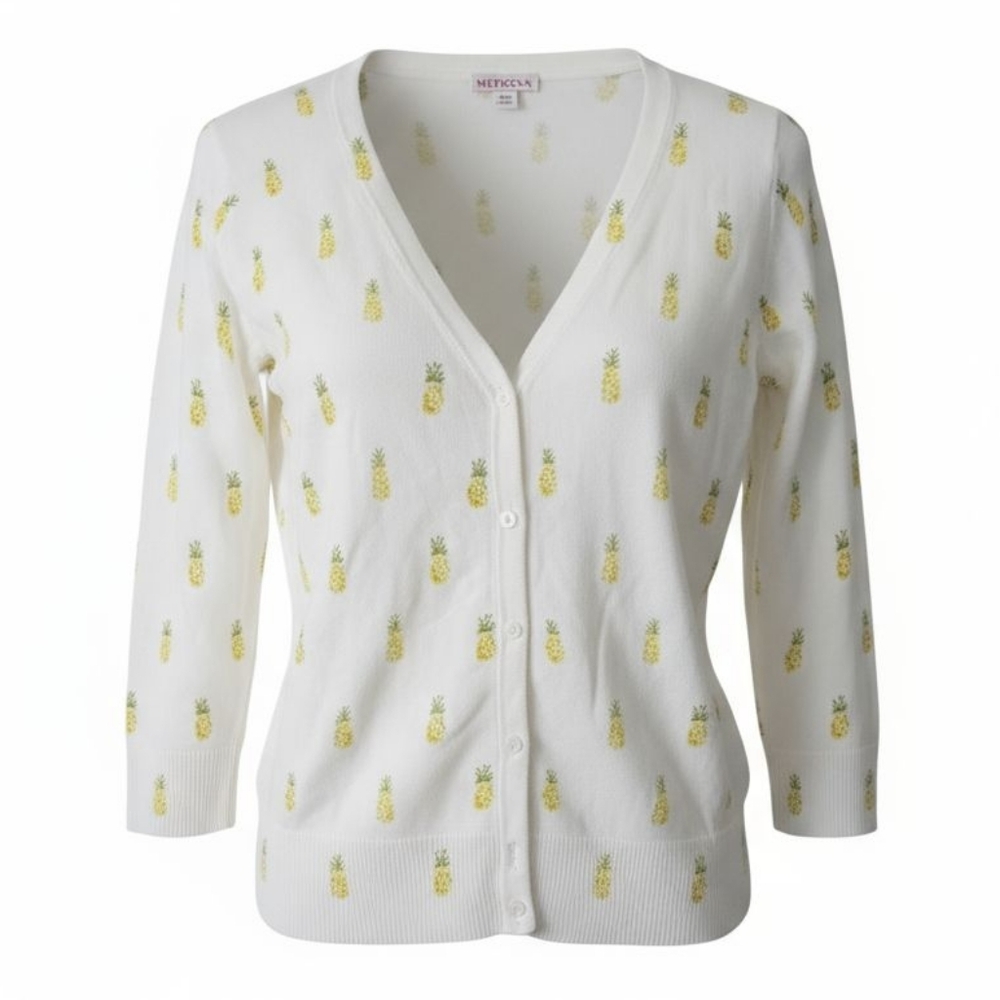 Merona Sweater Cardigan Cream Pineapple Button Down Knit Long Sleeve #26